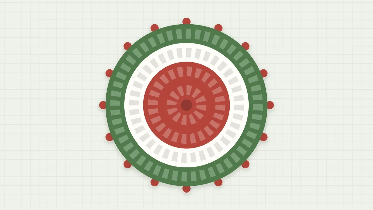 A round coaster with a red center, white ring and green outer ring with picot points
