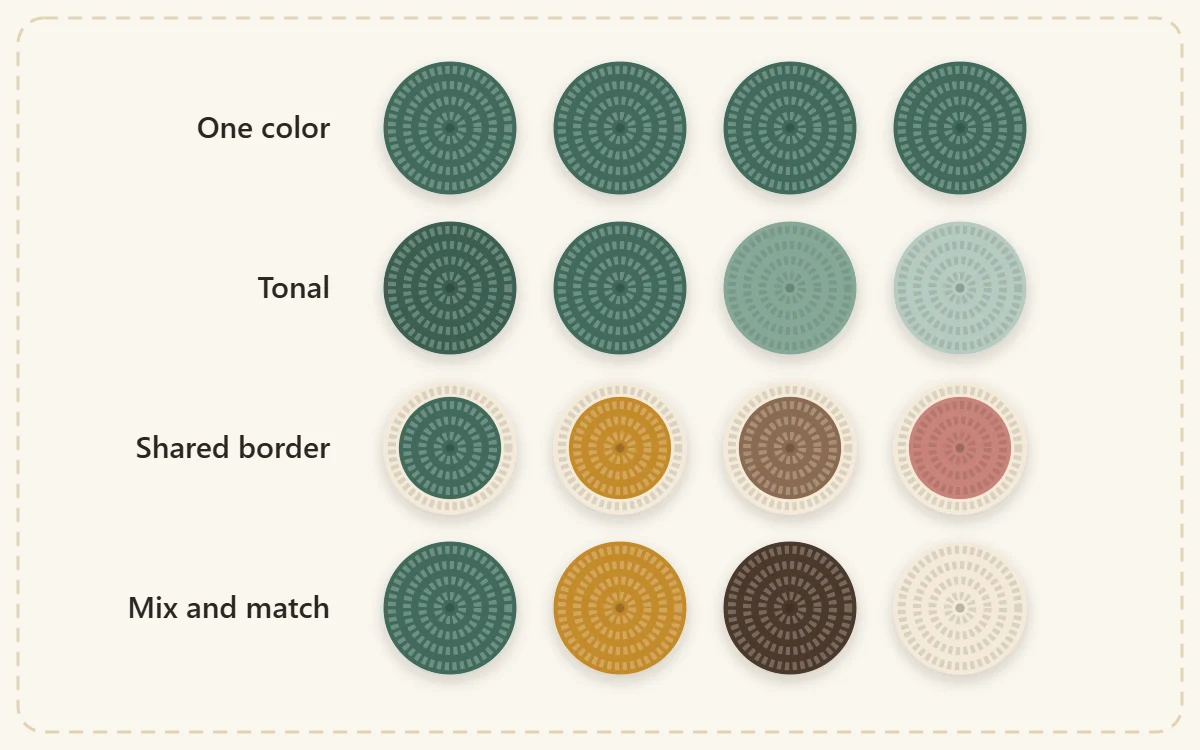 Four labeled color schemes shown as rows of swatches: One color, Tonal, Shared border, Mix and match
