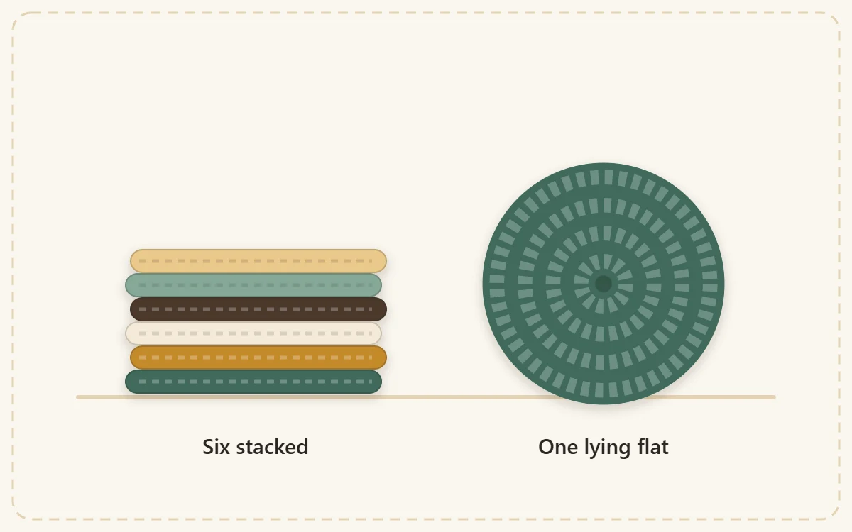 A stack of six coasters seen slightly from the side next to one coaster lying flat