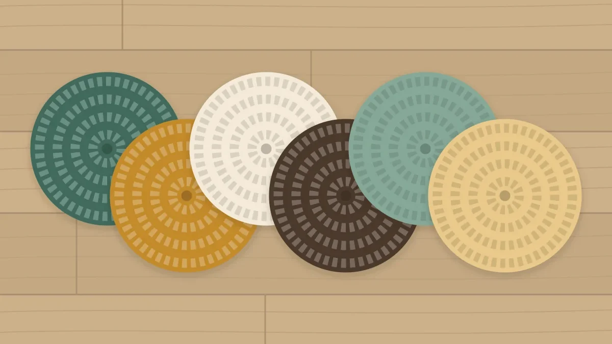 Six round coasters fanned out in a row in sage, honey, cream and walnut