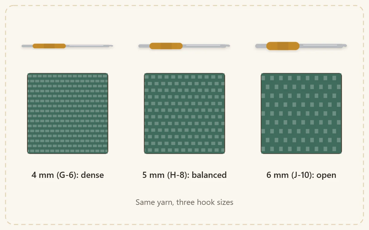 The same yarn worked with three hooks as three labeled square swatches: 4 mm (G-6) dense, 5 mm (H-8) balanced, 6 mm (J-10) open