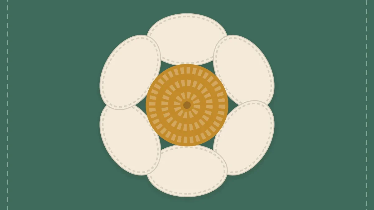 Six-petal flower crochet coaster with a honey center and cream petals on a sage background
