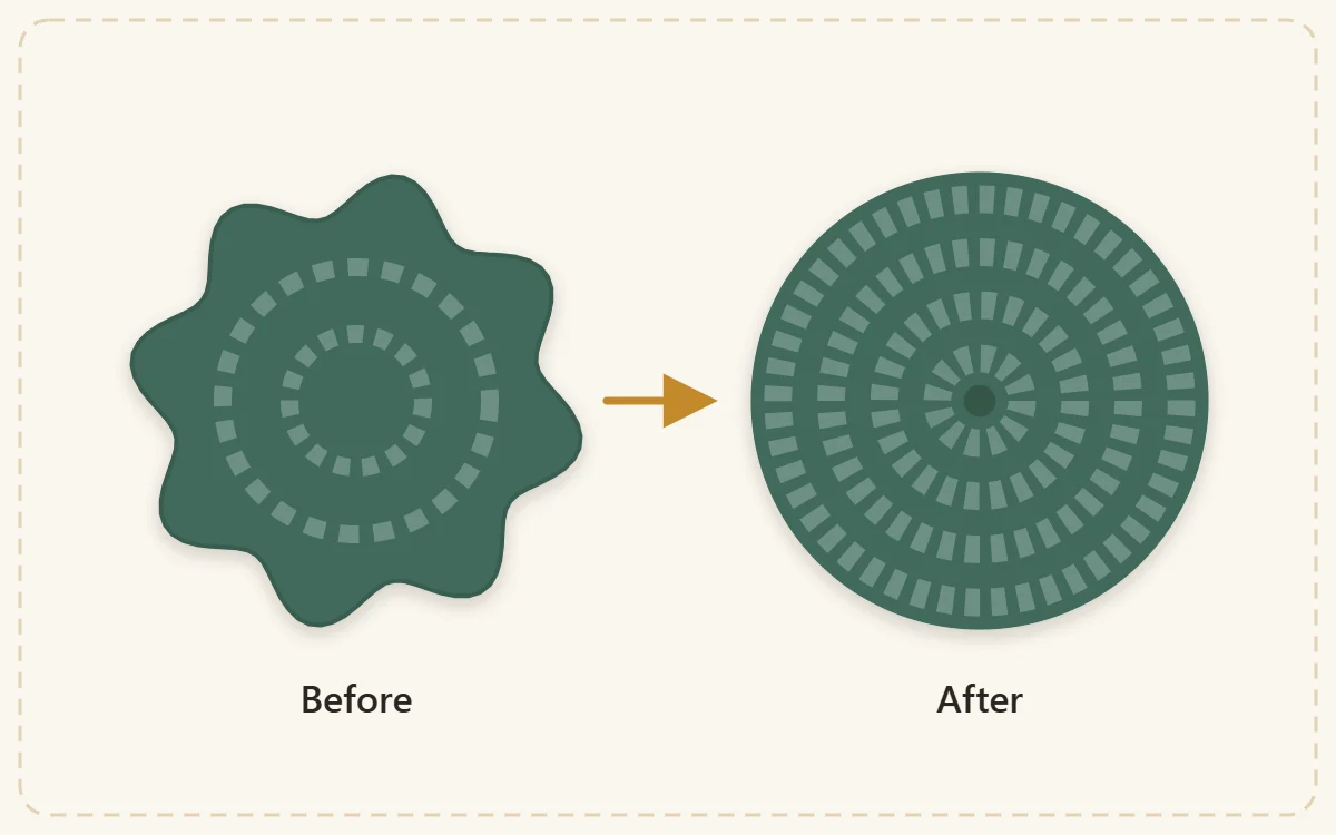 Side by side before and after: a wavy-edged coaster on the left labeled Before and a flat, even coaster on the right labeled After