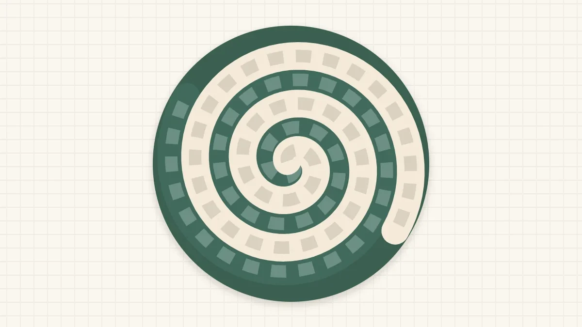 A round coaster with two interlocking spiral arms in sage and cream